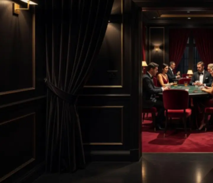 Velvet-draped entrance to the Pocket Pairs Card Salon with moody lighting