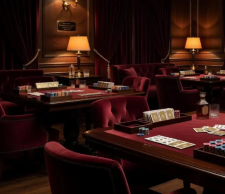 Private card room with social gaming tables and warm evening lighting