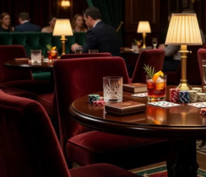 Intimate card table setting with velvet seating and cards laid out for play