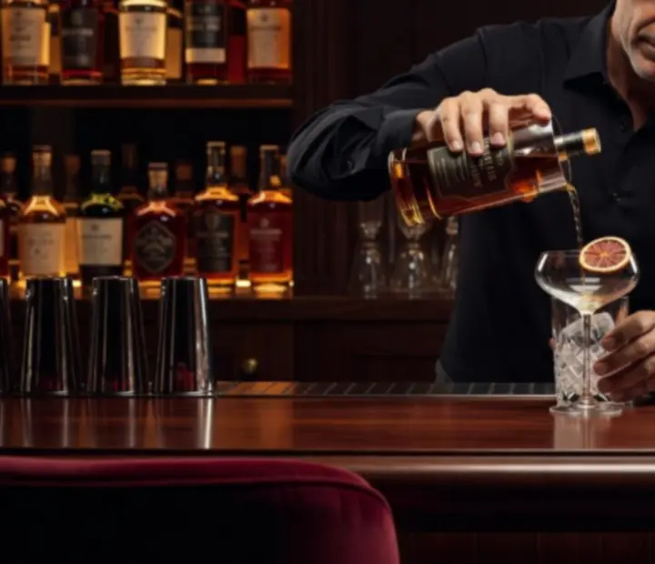 Close-up of a refined cocktail on a dark bar