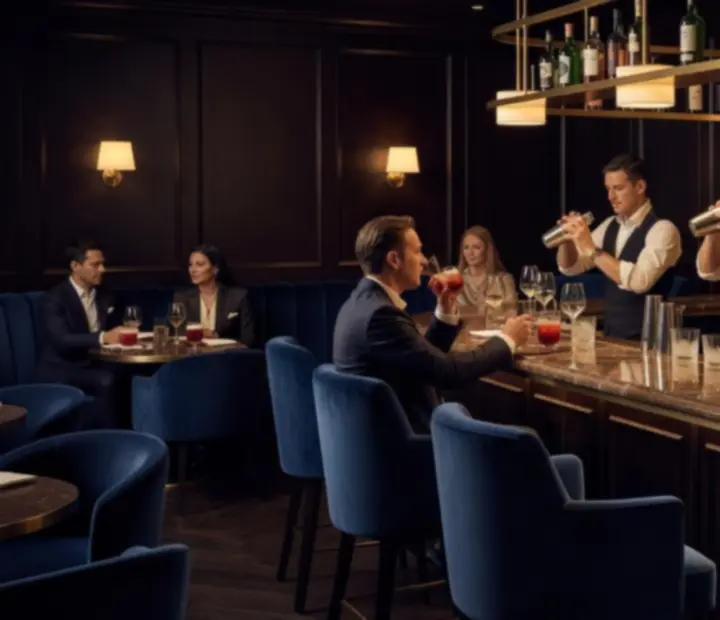 Moody late-night cocktail bar with candlelit tables and crimson velvet seating