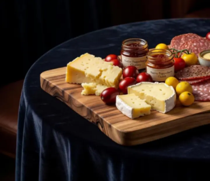 Artisanal Australian cheese and charcuterie platters on a dark timber table