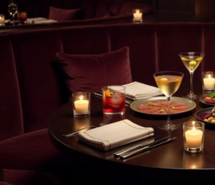 Refined food and drink pairing on a dark marbled bar with warm candlelight