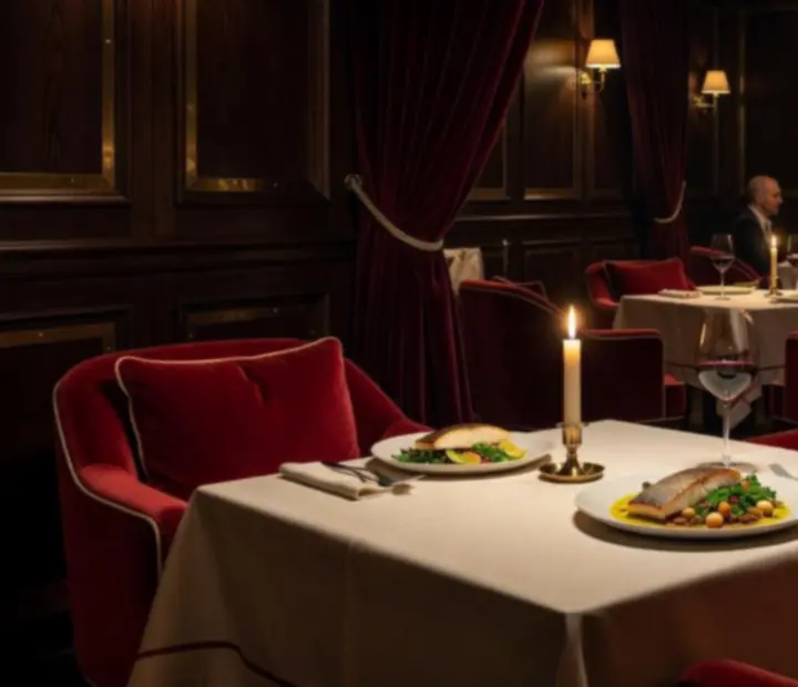 Velvet-lit late-night dining room with candlelit tables and cocktails