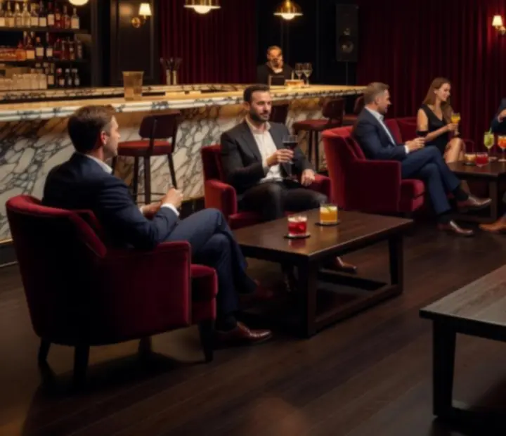 Luxe lounge drinks scene with burgundy seating and glowing marbled bar