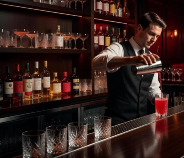 Moody cocktail bar scene with backlit spirits and garnished cocktails